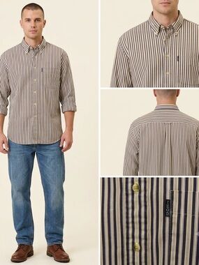 VTG Izod Navy Yellow Striped Button Down Shirt Men's Large
